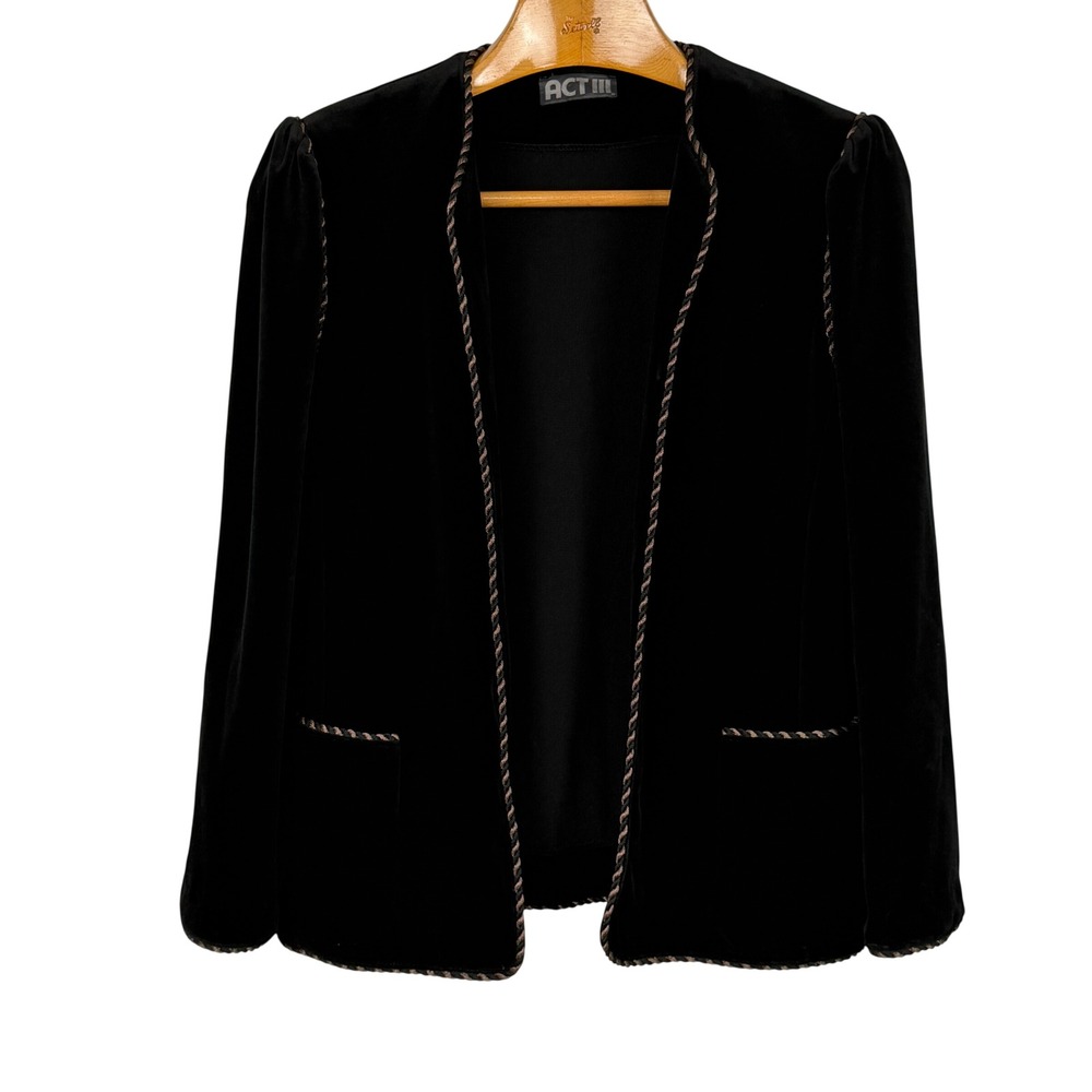 ACT III Blazer Vintage Velvet Braided Trim Womans 12 Black Open Front Pockets